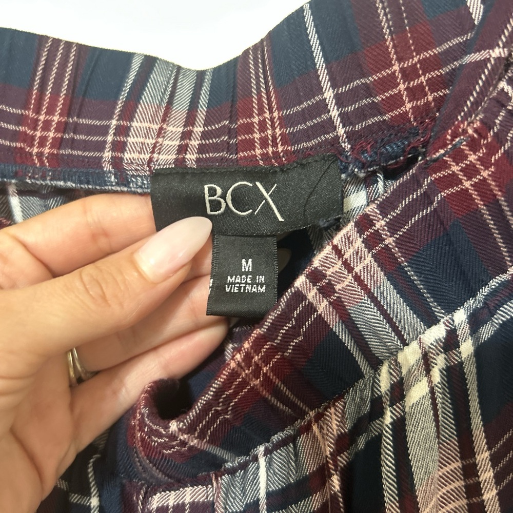 BCX Plaid Cold Shoulder Smocked Top Tie Sleeve Medium Grunge - Picture 2 of 8